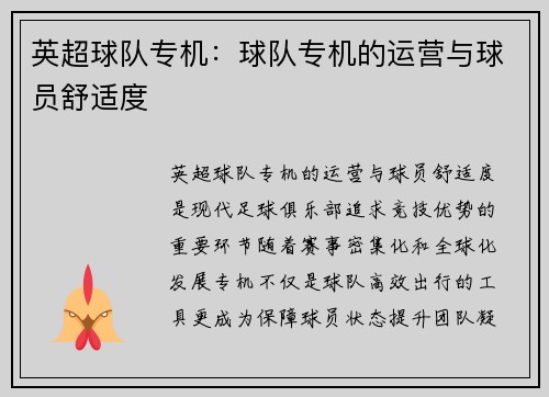 英超球队专机：球队专机的运营与球员舒适度